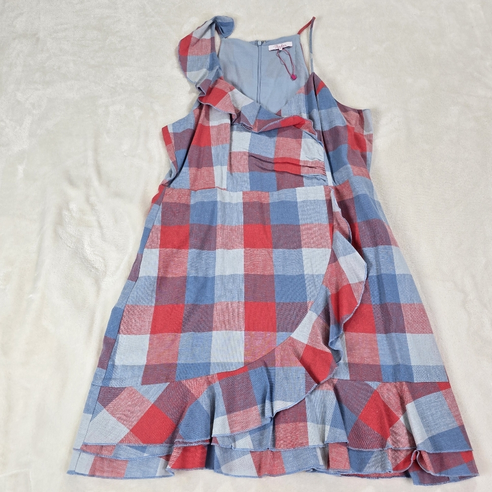 Parker Plaid Linen Blend Ruffle Mini Dress size L